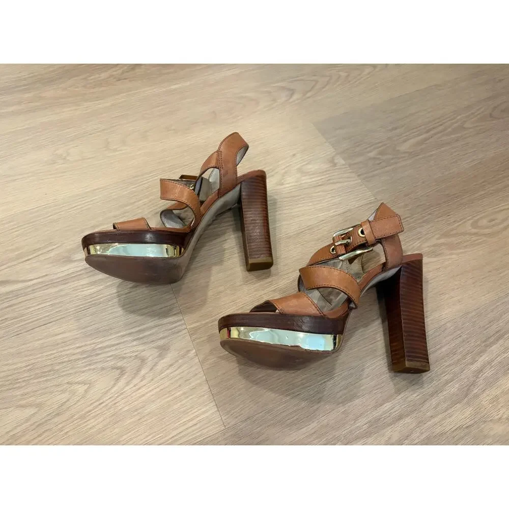 Michael Kors brown leather strappy heel sandals with gold accents size 8